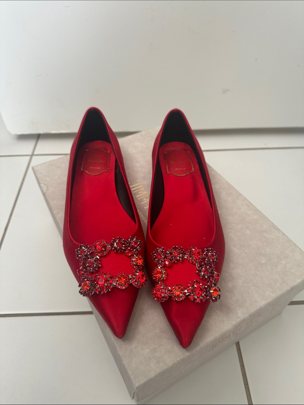 Roger Vivier Red Pointed Satin Flats with Jeweled Buckles